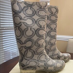 Coach Beige and Gray Geometric Rain Boots